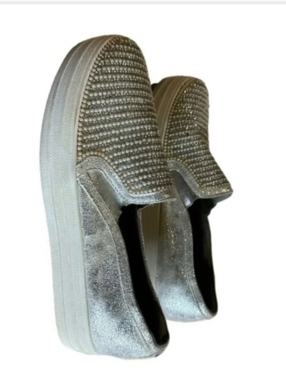 Skechers Rad  Silver Slip-On Platform Sneakers - Crystal & Foil Detail